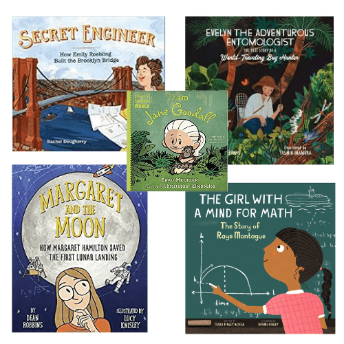Book covers or Secret Engineer, Evelyn the Adventurous Entomologist, I am Jane Goodall, Margaret and the Moon, The Girl With A Mind For Math