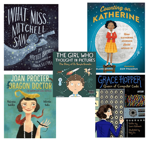Book covers of What Miss Mitchell Saw, Counting on Katherine, The Girl Who Thought in Pictures, Joan Proctor Dragon Doctor, Grace Hopper Queen of Computer Code